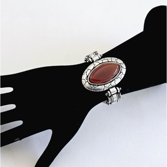 Statement Bracelet Chunky Southwestern Style Brown Silvertone Aztec Tribal Boho - Picture 2 of 9